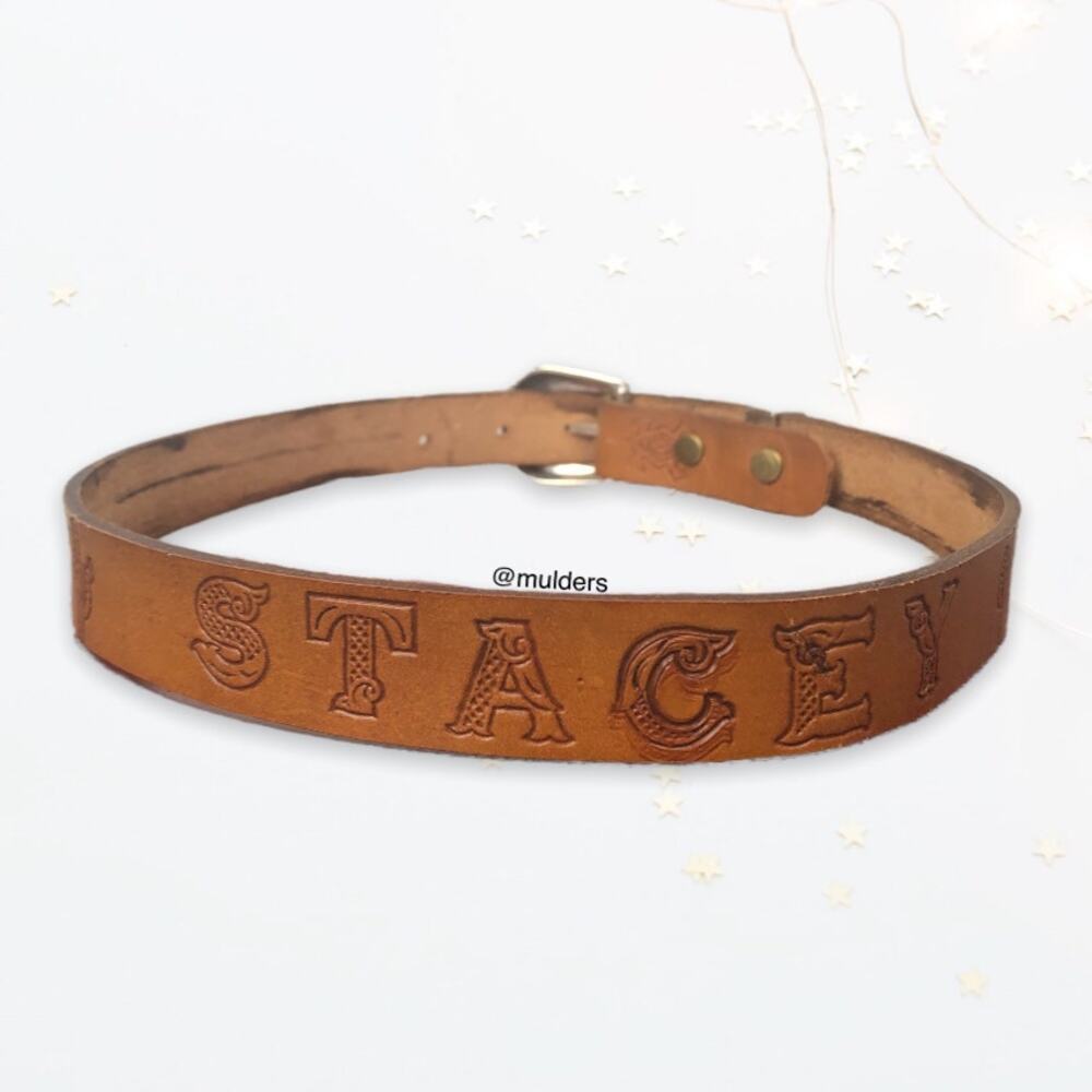 Vintage 80s Kids Debossed Custom Stacey Tan Western Cowboy Leather Rodeo Belt